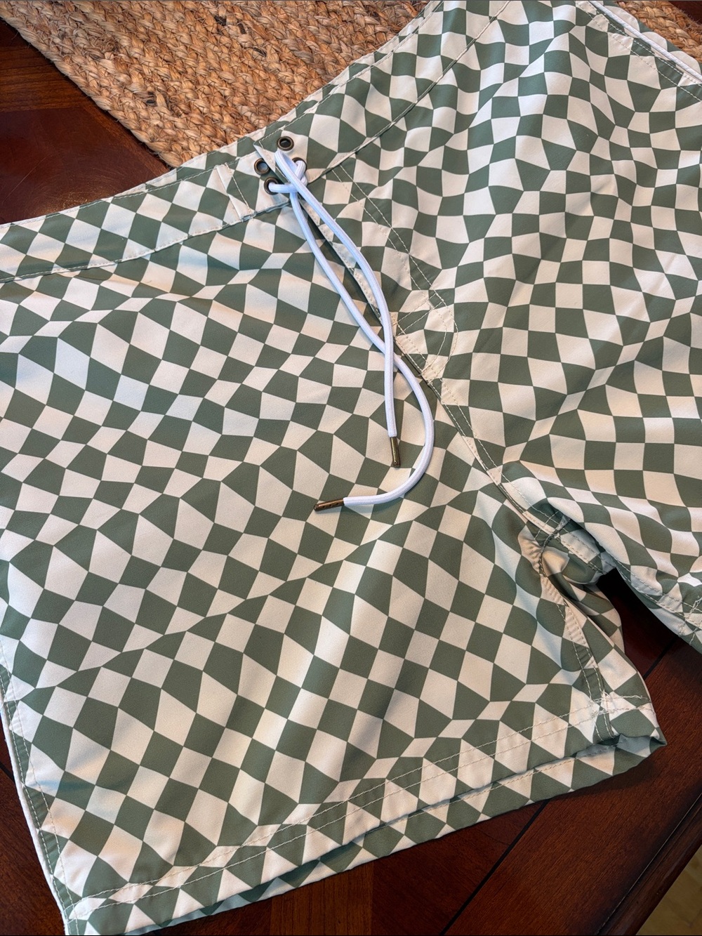 Dandy Del Mar Men's Checkerboard Swim Shorts in Sage Green and White